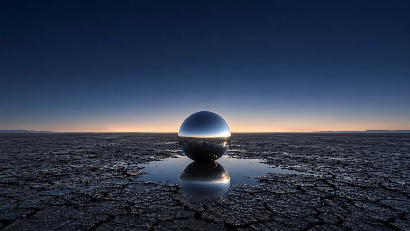 A mirrored sphere stands in an open desert, reflecting the landscape and sky at the horizon.
